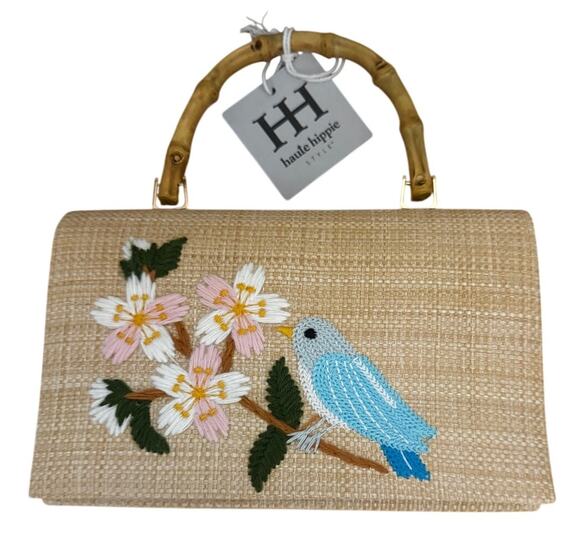 Haute Hippie Handbags - Haute Hippie Raffia Straw Box Bag Embroidered Bird and Blossom Natural NWT